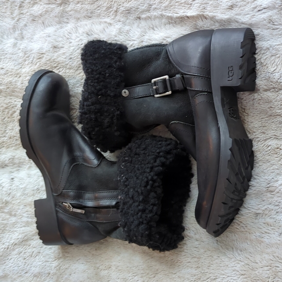 UGG Black Leather Wool Lined Edgy Moto Neutral Snow Winter Boots Womens Size 8 - Picture 8 of 10